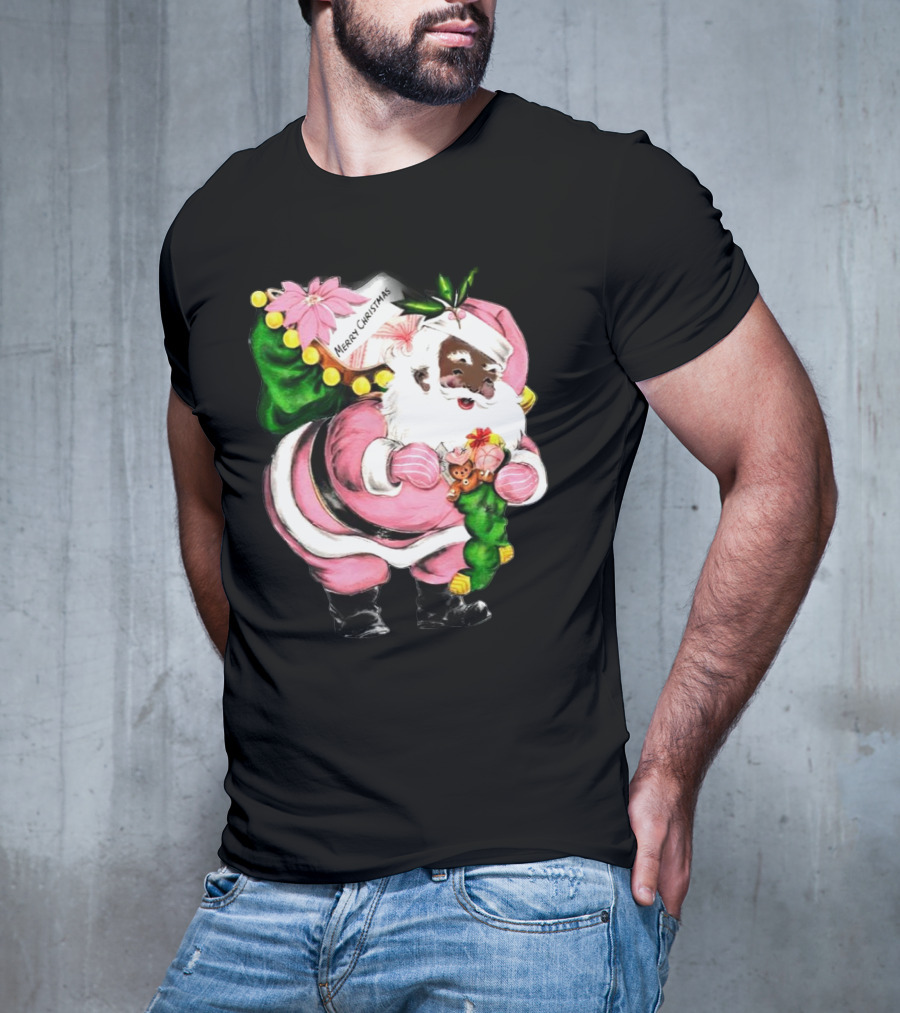 Merry Christmas Pink African-American Black Santa Claus With Gifts T-Shirt