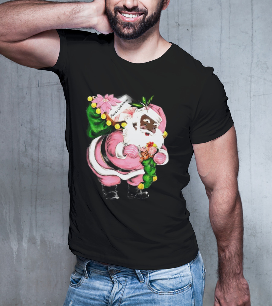 Merry Christmas Pink African-American Black Santa Claus With Gifts T-Shirt