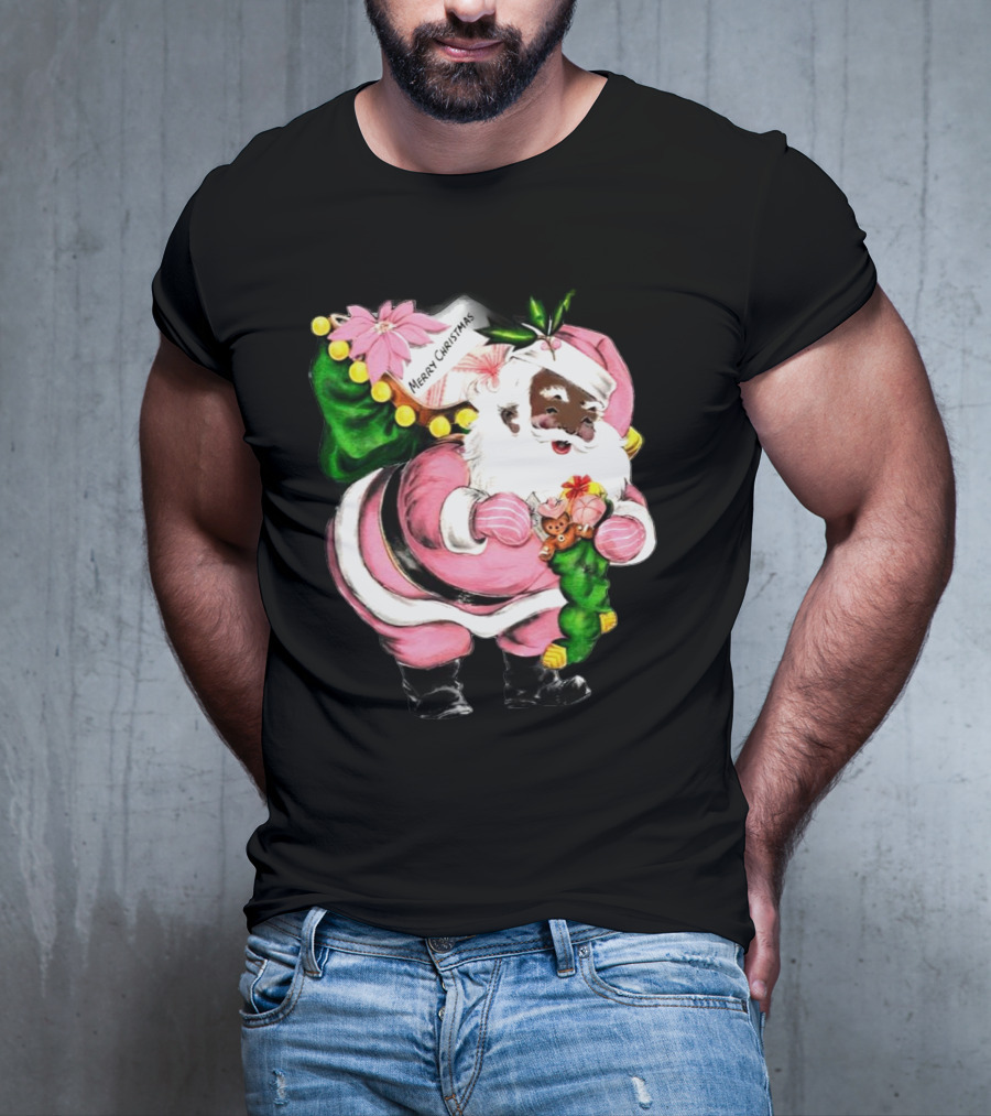 Merry Christmas Pink African-American Black Santa Claus With Gifts T-Shirt