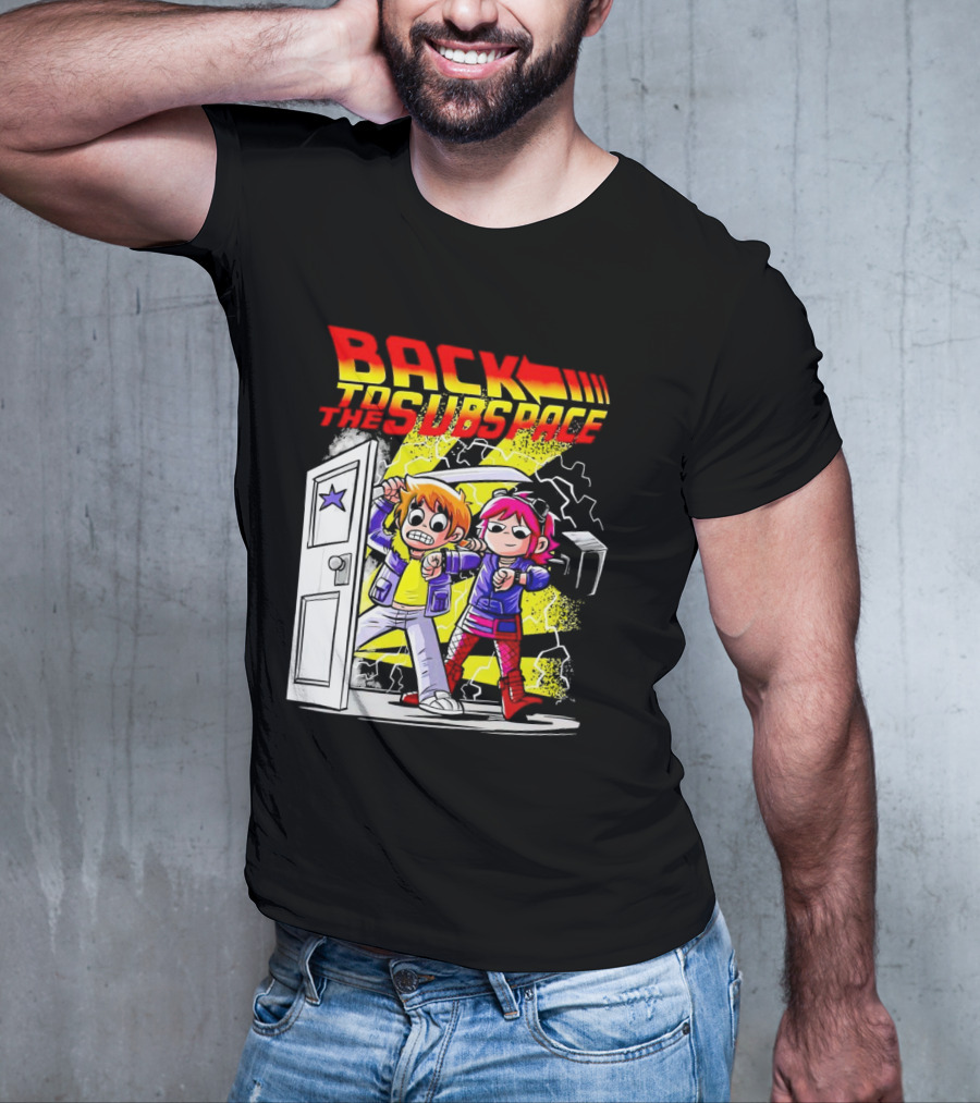 Back To The Subspace Scott Pilgrim And Ramona With Retro Door And Lightning T-Shirt