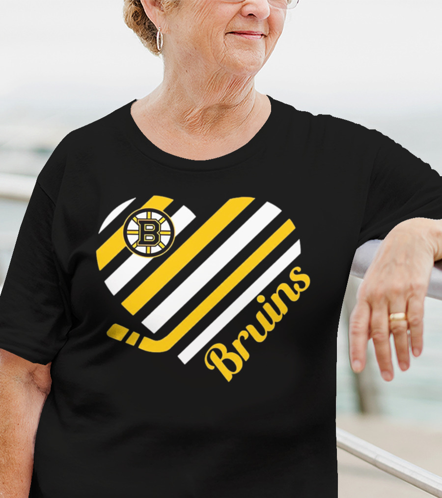 Boston Bruins Stripes Heart With Hockey Stick T-Shirt