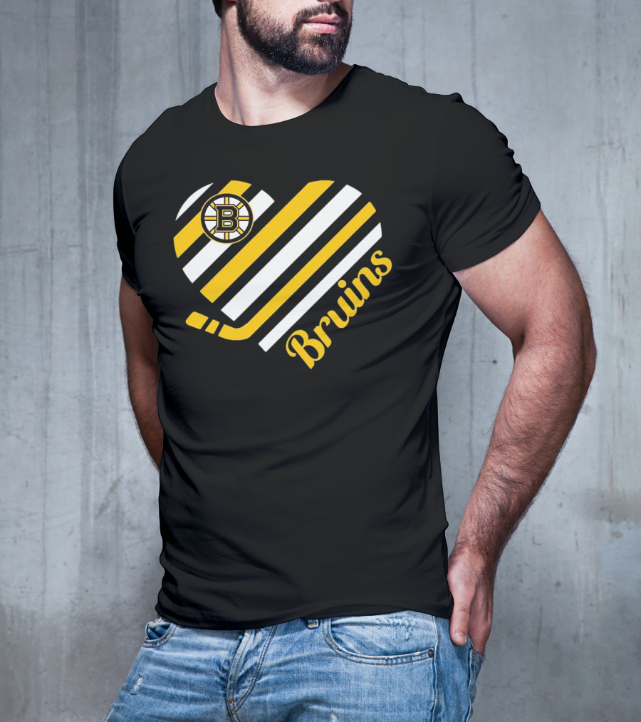 Boston Bruins Stripes Heart With Hockey Stick T-Shirt
