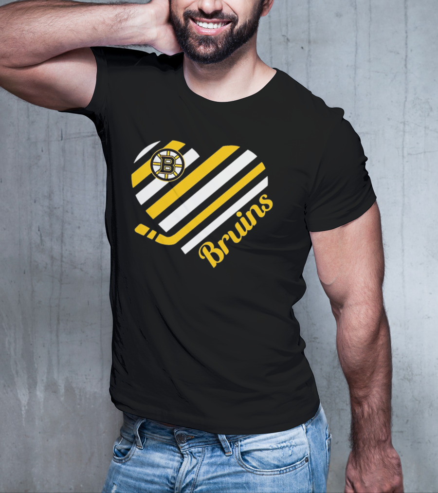 Boston Bruins Stripes Heart With Hockey Stick T-Shirt