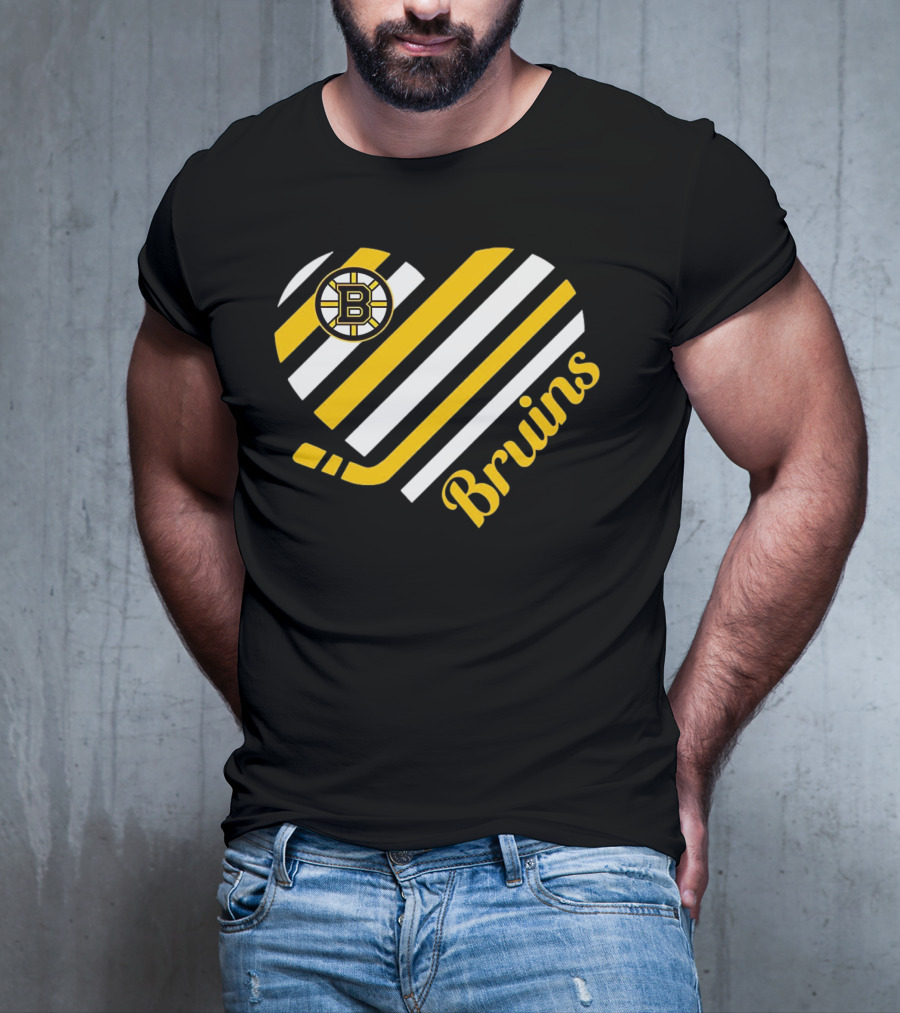 Boston Bruins Stripes Heart With Hockey Stick T-Shirt