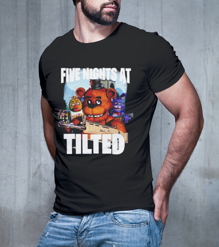 Five Nights At Tilted Freddy Bear Characters With Guns T-Shirt