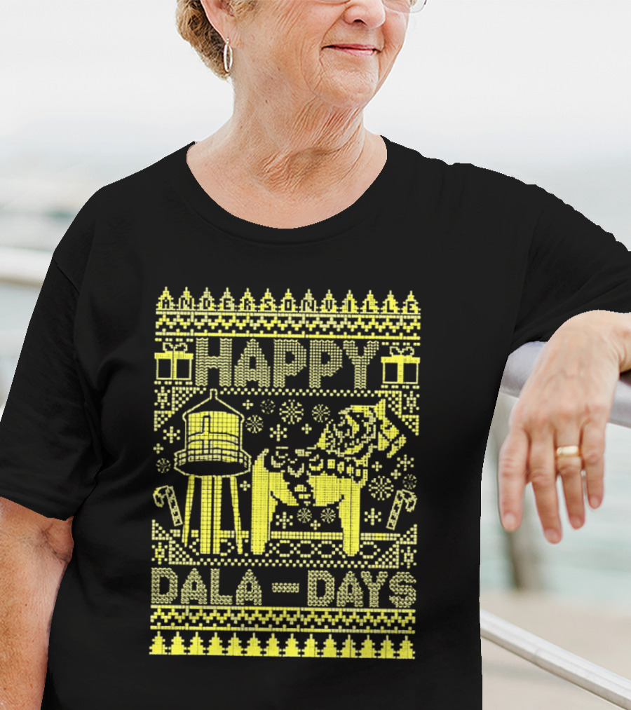 Andersonville Happy Dala Days Christmas Sweater Pattern With Water Tower And Dala Horse T-Shirt