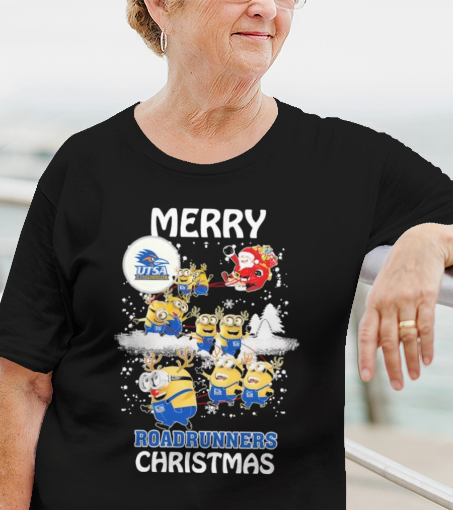 Merry UTSA Roadrunners Minions Christmas With Santa And Reindeer T-Shirt