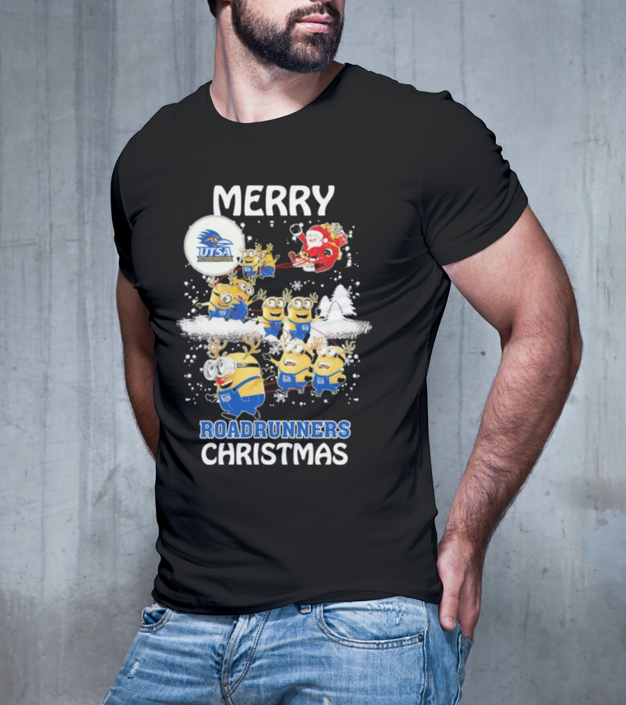 Merry UTSA Roadrunners Minions Christmas With Santa And Reindeer T-Shirt
