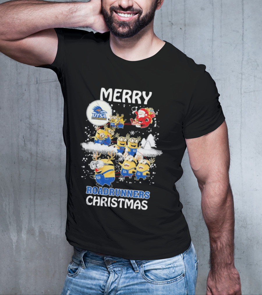 Merry UTSA Roadrunners Minions Christmas With Santa And Reindeer T-Shirt
