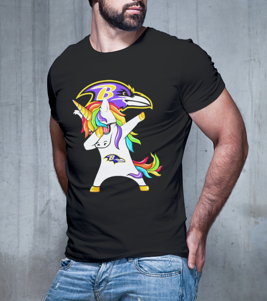Unicorn Dabbing With Baltimore Ravens Logo And Rainbow Mane T-Shirt