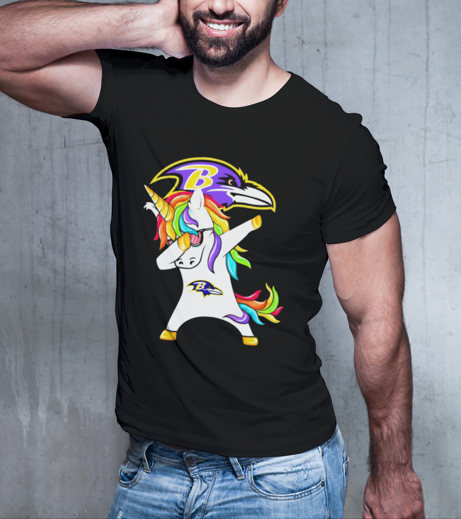 Unicorn Dabbing With Baltimore Ravens Logo And Rainbow Mane T-Shirt