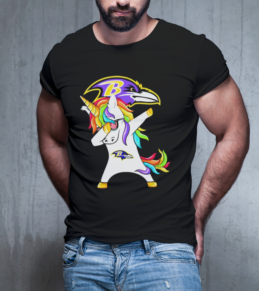 Unicorn Dabbing With Baltimore Ravens Logo And Rainbow Mane T-Shirt