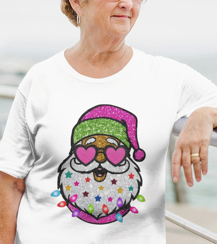 Glittery Pink Santa Claus With Heart Sunglasses And Colorful Stars And Holiday Lights T-Shirt