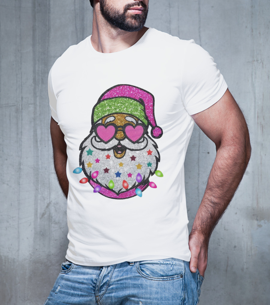 Glittery Pink Santa Claus With Heart Sunglasses And Colorful Stars And Holiday Lights T-Shirt