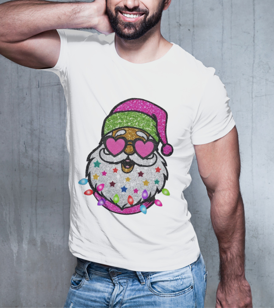Glittery Pink Santa Claus With Heart Sunglasses And Colorful Stars And Holiday Lights T-Shirt