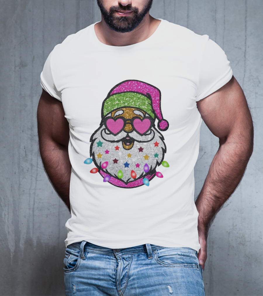 Glittery Pink Santa Claus With Heart Sunglasses And Colorful Stars And Holiday Lights T-Shirt