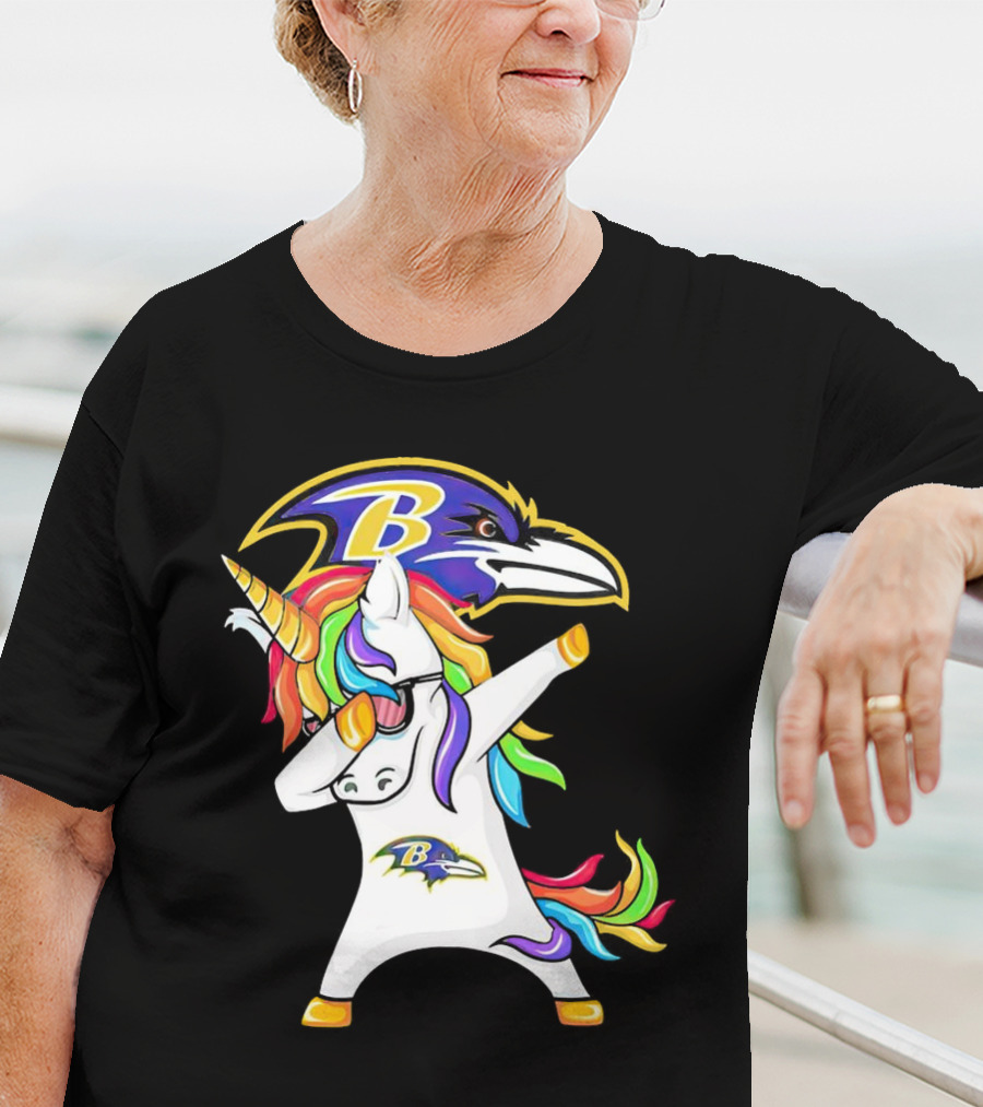 Unicorn Dabbing Baltimore Ravens Emblem Rainbow Colors T-Shirt