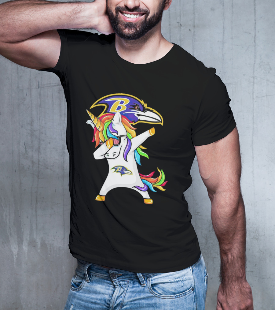 Unicorn Dabbing Baltimore Ravens Emblem Rainbow Colors T-Shirt