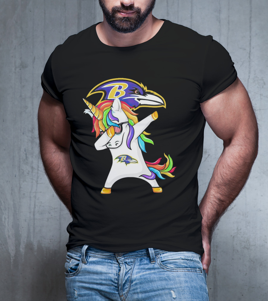 Unicorn Dabbing Baltimore Ravens Emblem Rainbow Colors T-Shirt