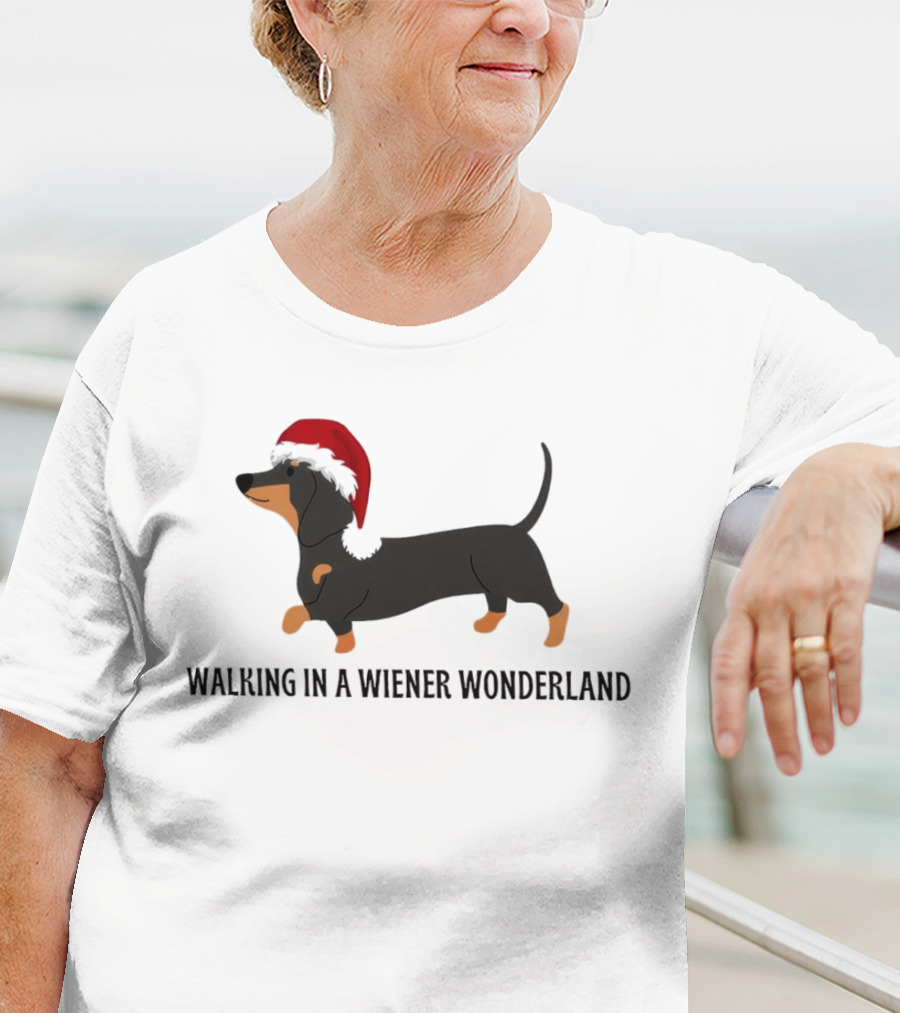 Christmas Walking In A Wiener Wonderland Dachshund With Santa Hat T-Shirt