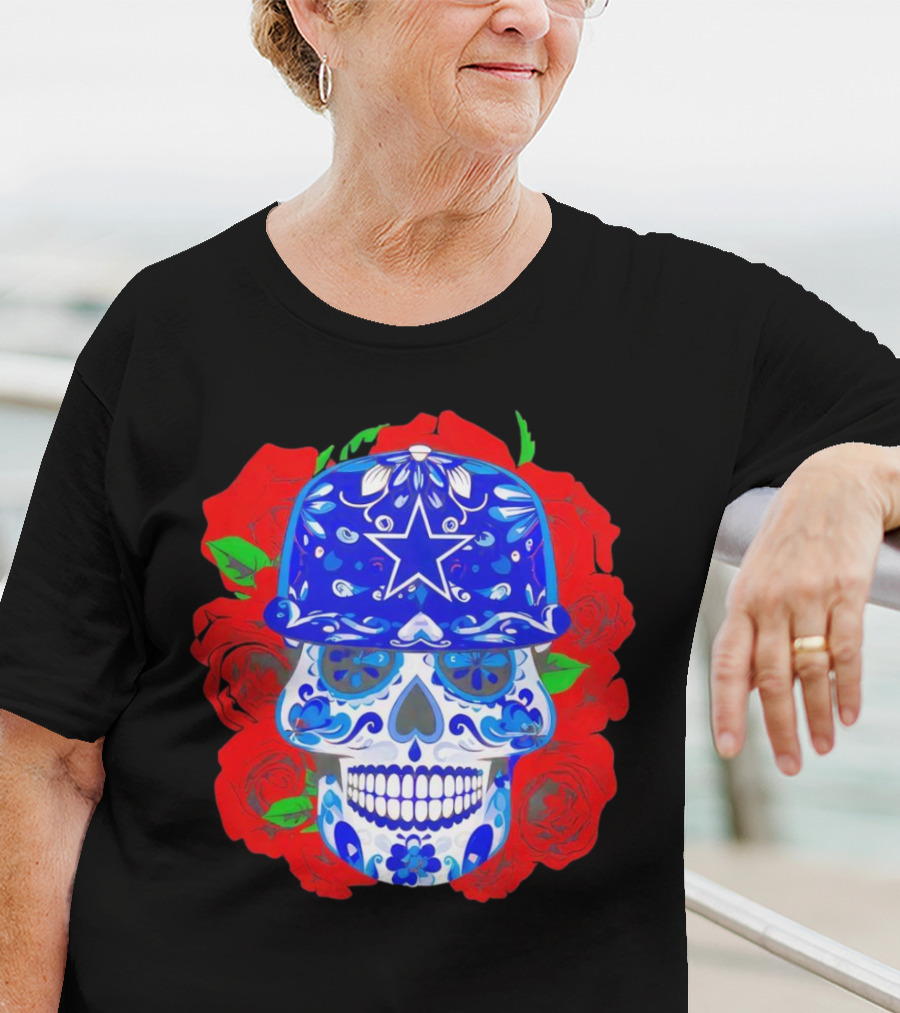 Dallas Cowboys Sugar Skull With Blue Star Hat And Roses T-Shirt