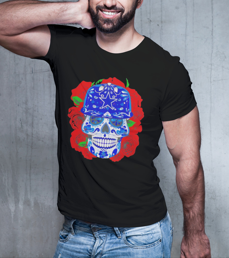 Dallas Cowboys Sugar Skull With Blue Star Hat And Roses T-Shirt