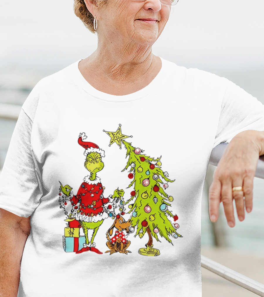 Grinch In Santa Hat And Dog With Christmas Tree And Presents T-Shirt