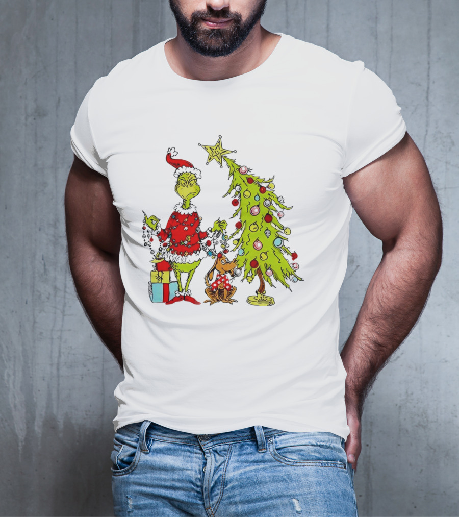 Grinch In Santa Hat And Dog With Christmas Tree And Presents T-Shirt