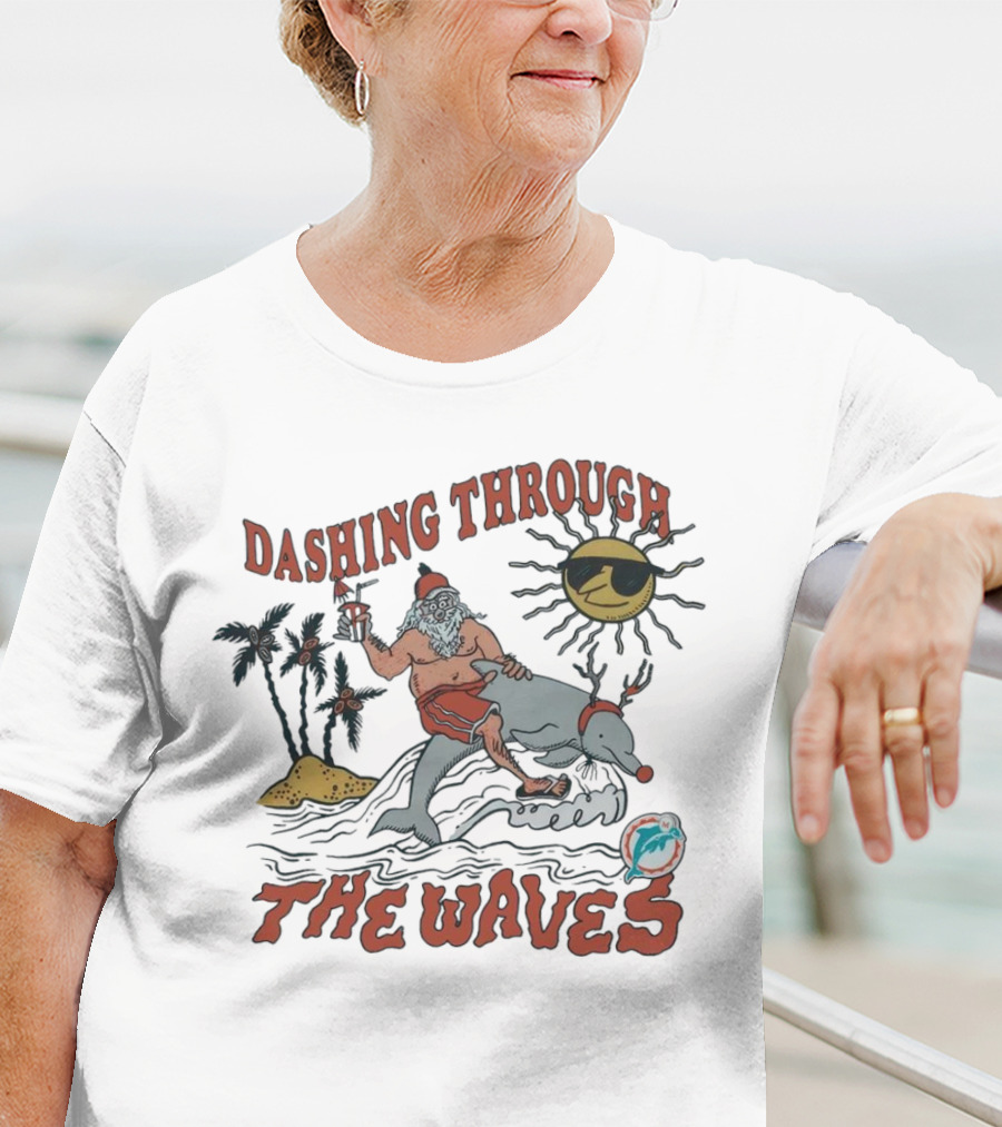 Dashing Through The Waves Miami Dolphins Christmas Santa Riding Dolphin T-Shirt