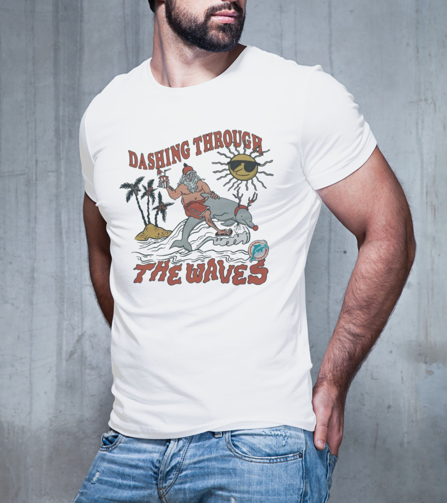 Dashing Through The Waves Miami Dolphins Christmas Santa Riding Dolphin T-Shirt