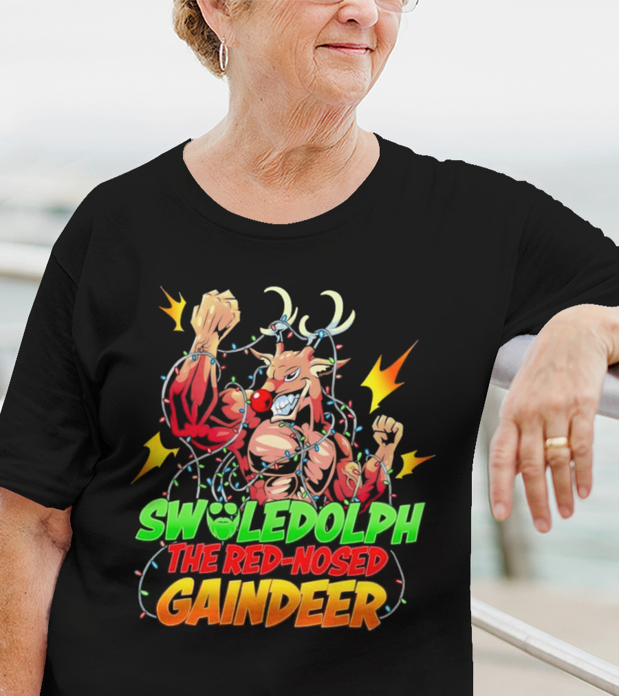 Swoledolph The Red-Nosed Gaindeer Christmas Lights Flexing T-Shirt