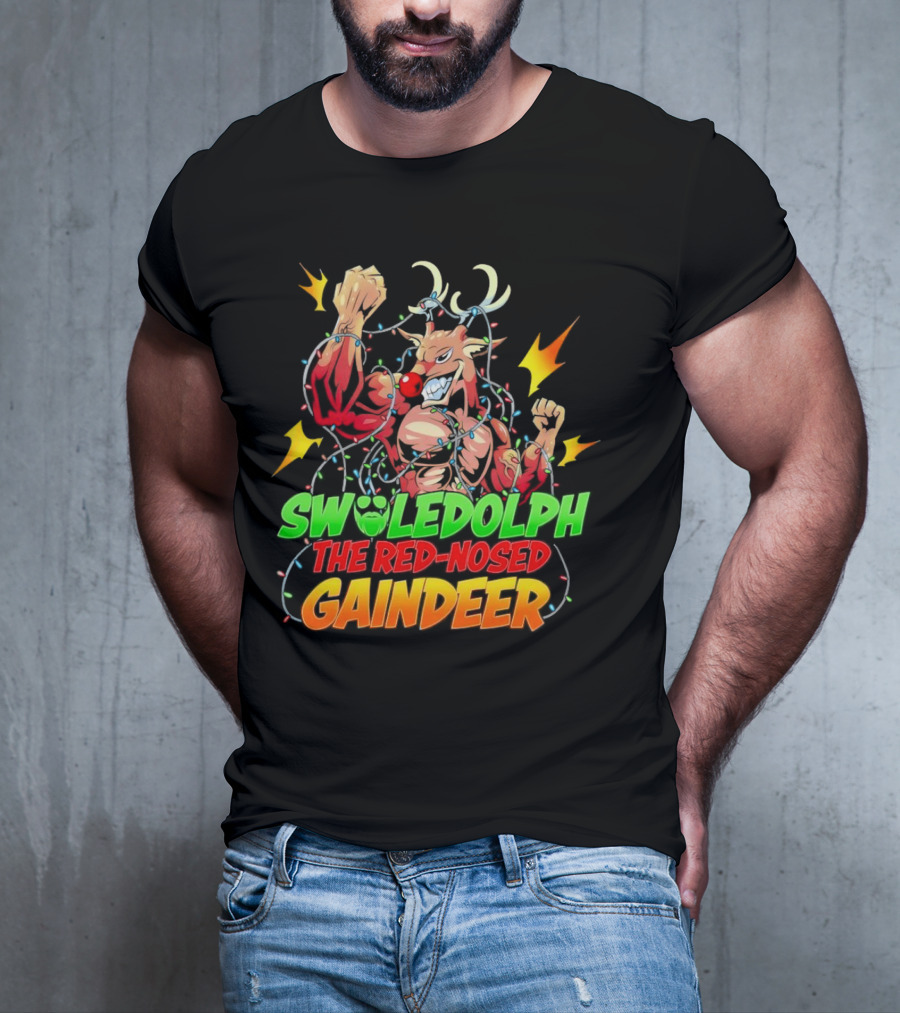 Swoledolph The Red-Nosed Gaindeer Christmas Lights Flexing T-Shirt