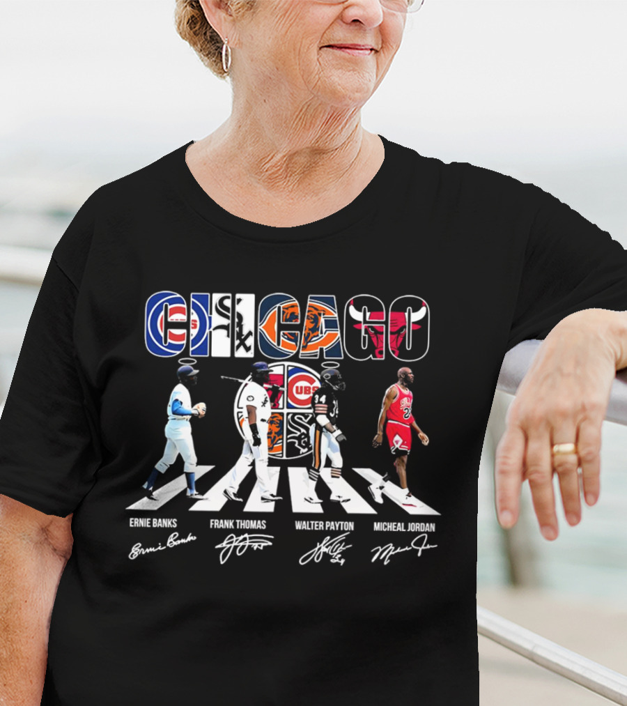 Chicago Cubs Bears Bulls Abbey Road Ernie Banks Frank Thomas Walter Payton Michael Jordan Signatures T-Shirt