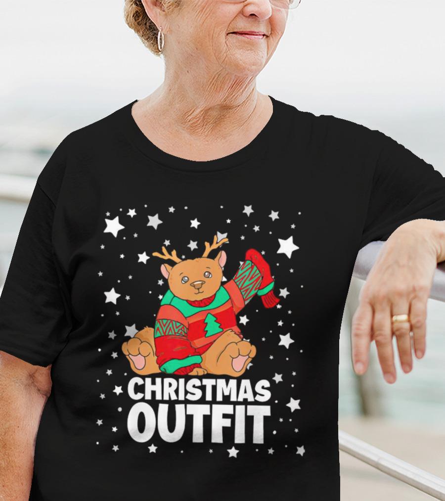 Bear Reindeer Christmas Outfit With Festive Sweater And Stars T-Shirt