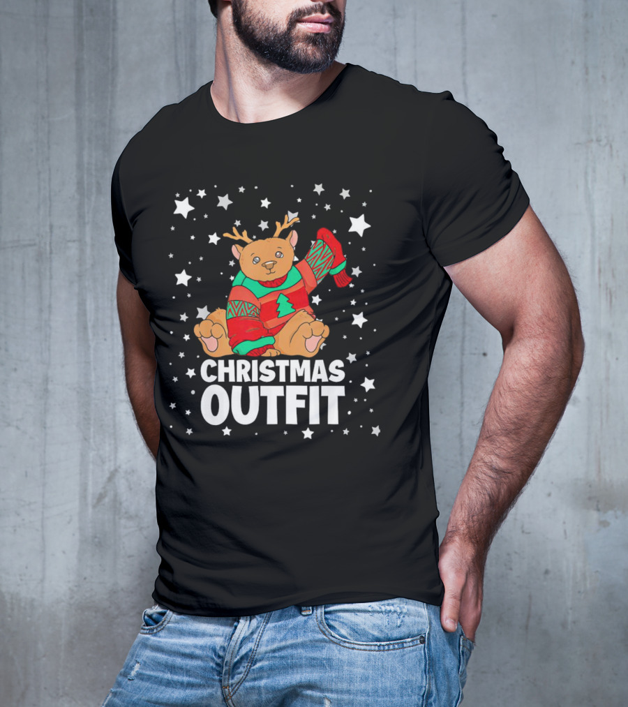 Bear Reindeer Christmas Outfit With Festive Sweater And Stars T-Shirt