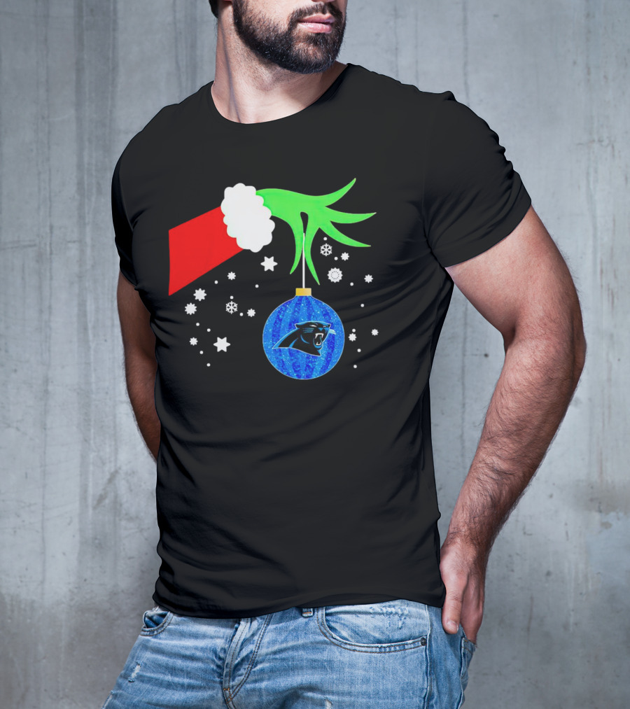 The Grinch Holding Carolina Panthers Christmas Ornament With Snowflakes T-Shirt