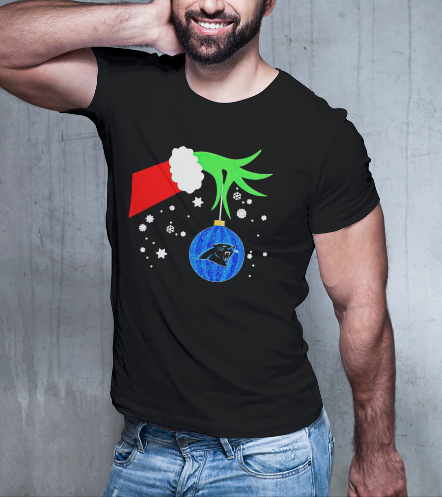 The Grinch Holding Carolina Panthers Christmas Ornament With Snowflakes T-Shirt