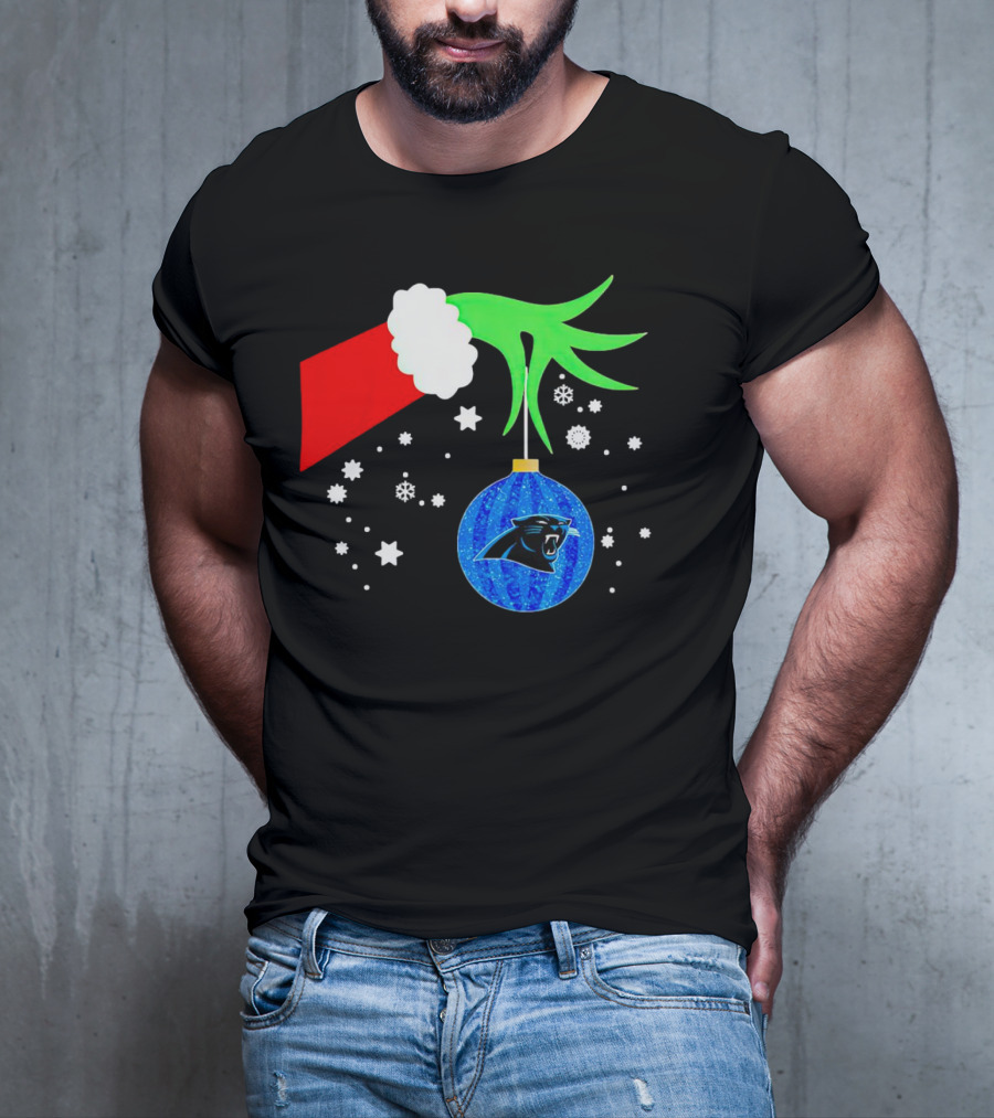 The Grinch Holding Carolina Panthers Christmas Ornament With Snowflakes T-Shirt
