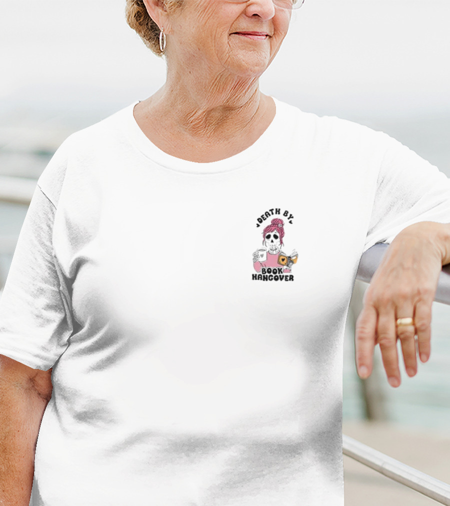 Death By Book Hangcover Skeleton With Pink Hair And Coffee Cup T-Shirt