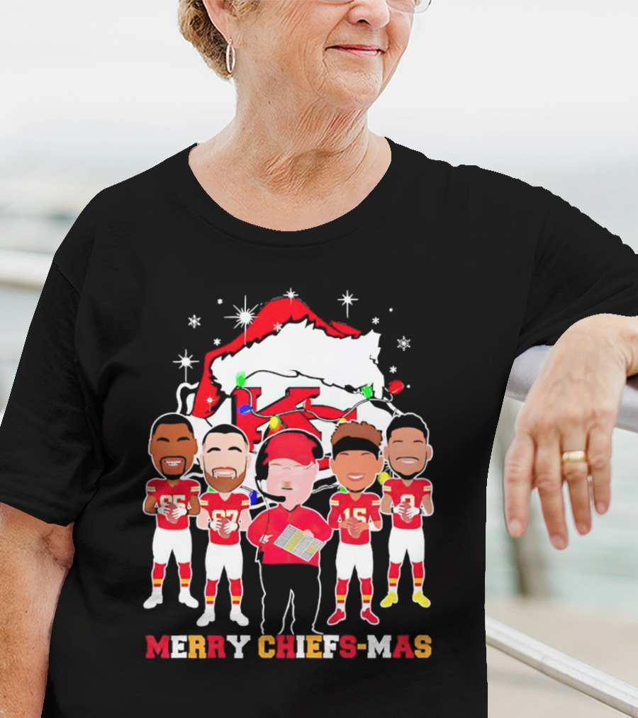 Kansas City Chiefs Merry Chiefs-Mas Christmas NFL Team Festive Cartoon Players And Santa Hat T-Shirt