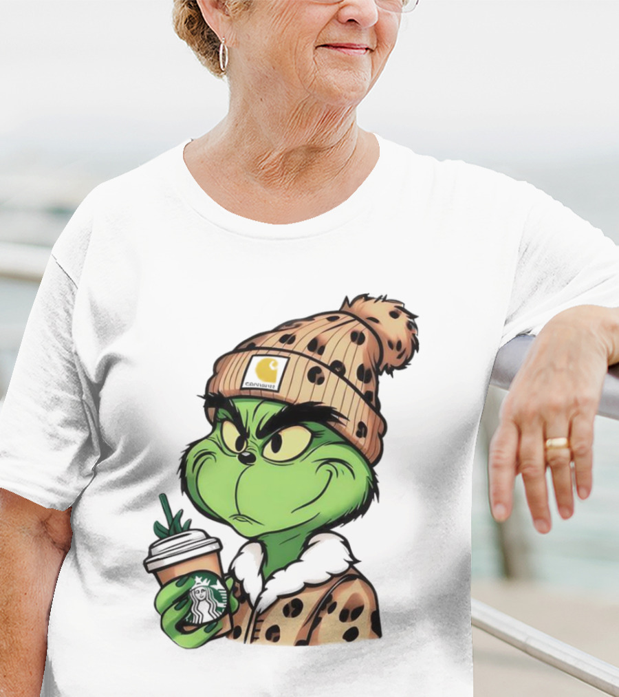 Grinch Boujee Leopard Coffee Cozy Winter T-Shirt