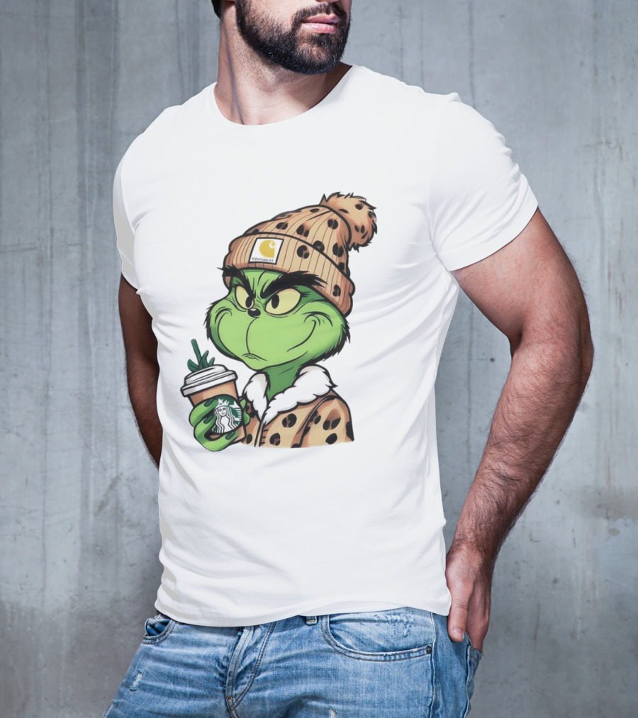 Grinch Boujee Leopard Coffee Cozy Winter T-Shirt