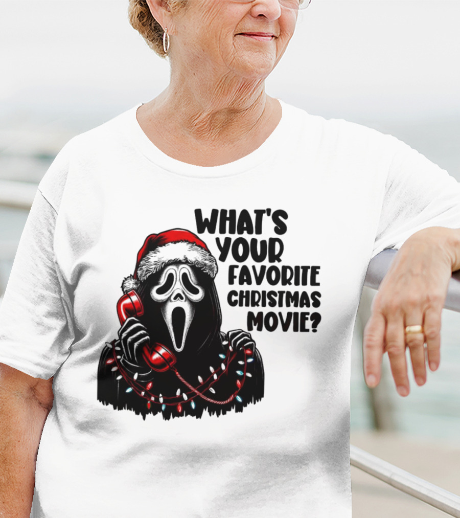 Ghostface What's Your Favorite Christmas Movie Festive Horror Santa Hat Phone Lights T-Shirt