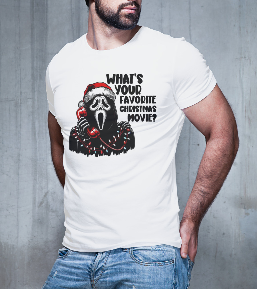 Ghostface What's Your Favorite Christmas Movie Festive Horror Santa Hat Phone Lights T-Shirt