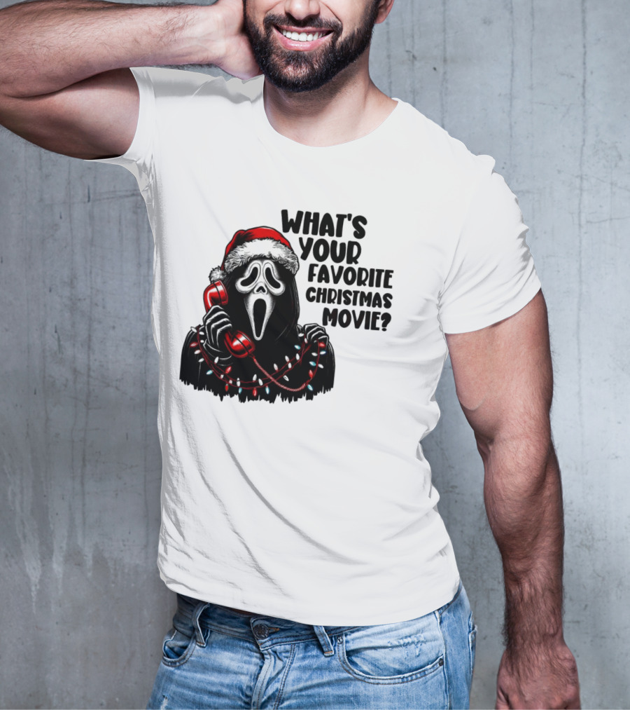 Ghostface What's Your Favorite Christmas Movie Festive Horror Santa Hat Phone Lights T-Shirt
