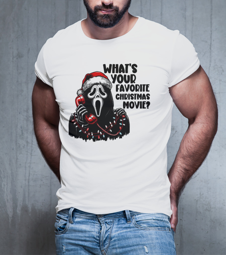 Ghostface What's Your Favorite Christmas Movie Festive Horror Santa Hat Phone Lights T-Shirt