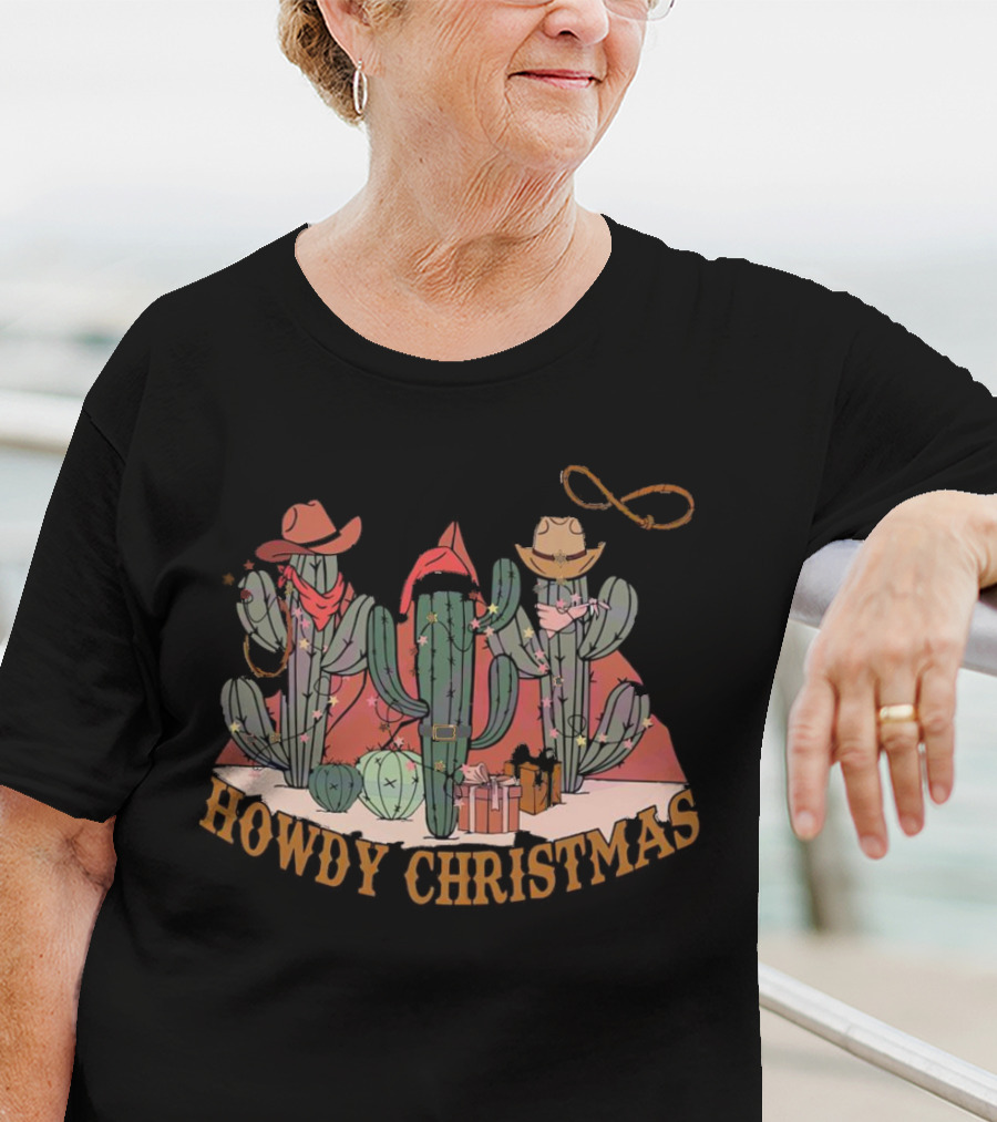 Howdy Christmas Cactus Cowboy Hats And Lasso Holiday Scene T-Shirt