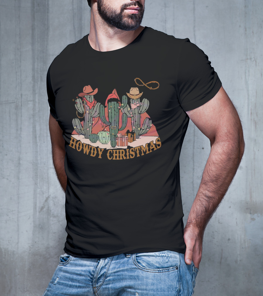 Howdy Christmas Cactus Cowboy Hats And Lasso Holiday Scene T-Shirt