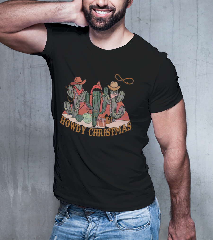 Howdy Christmas Cactus Cowboy Hats And Lasso Holiday Scene T-Shirt