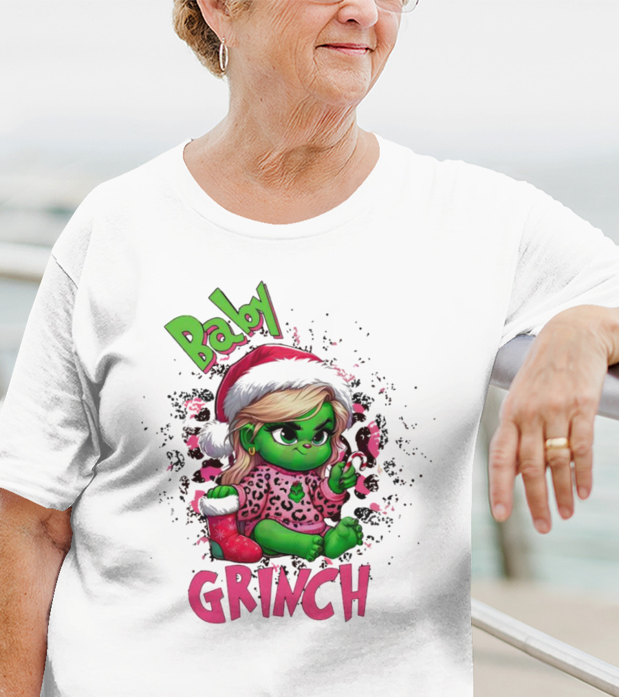 Baby Grinch Pink Leopard Christmas T-Shirt